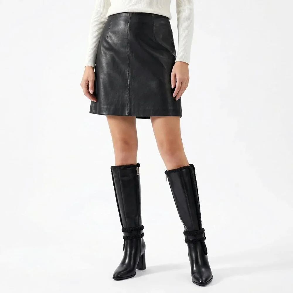 Women's Black Chunky Block High Heels Pointed Toe Winter Snow Knee High Boots
